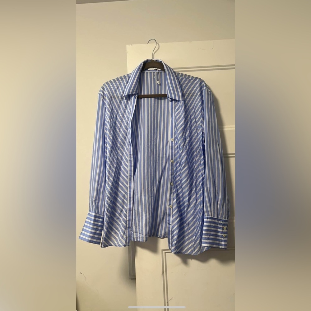 Mango Blue and White Striped Casual Shirt